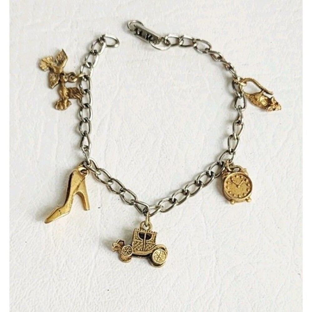 Vintage Cinderella Disney Charm Bracelet, Carriage, Slipper, Clock, Mouse, Bird